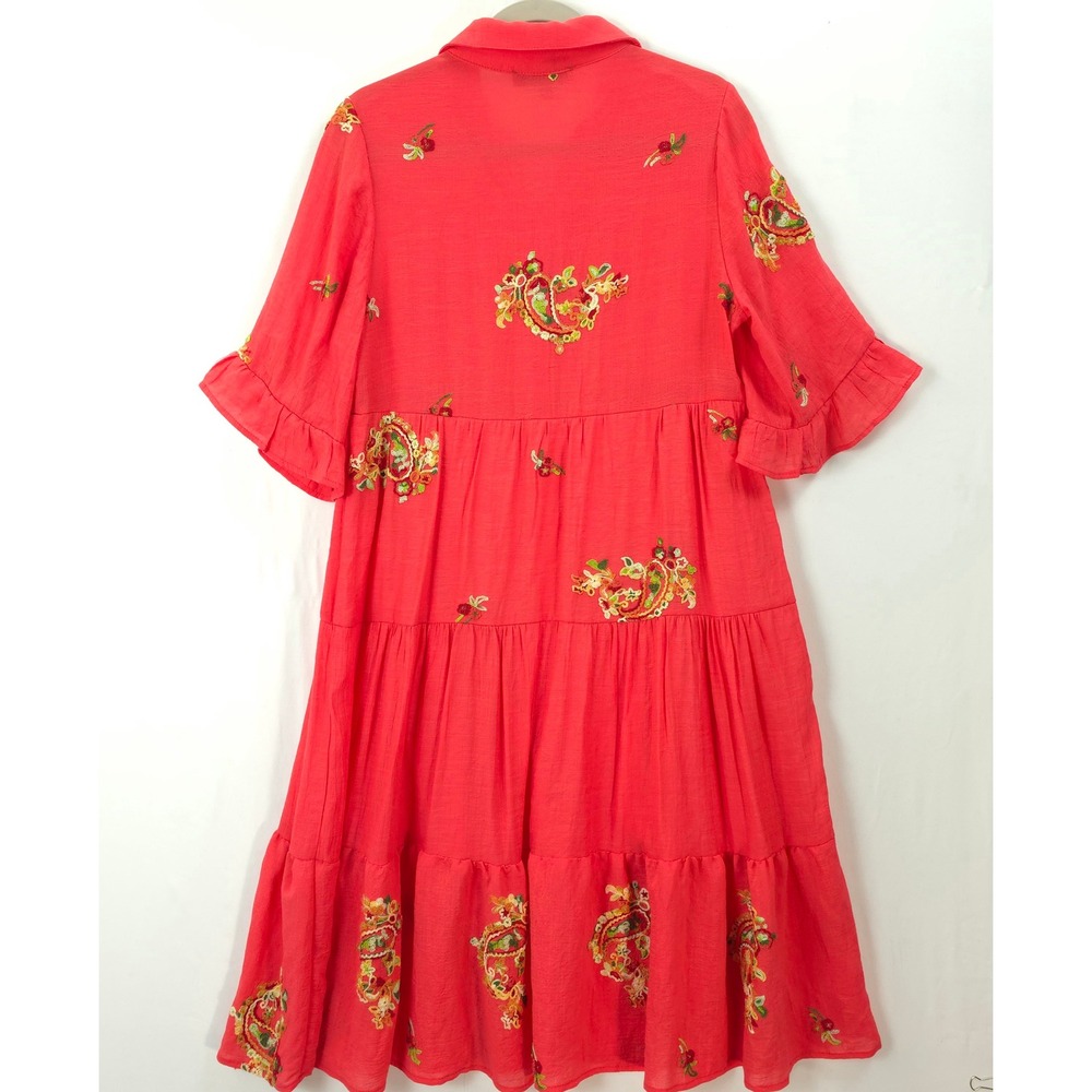 Anthropologie Figueroa & Flower Embroidered Dress Coral Pink Tiered M Boho - Picture 3 of 14